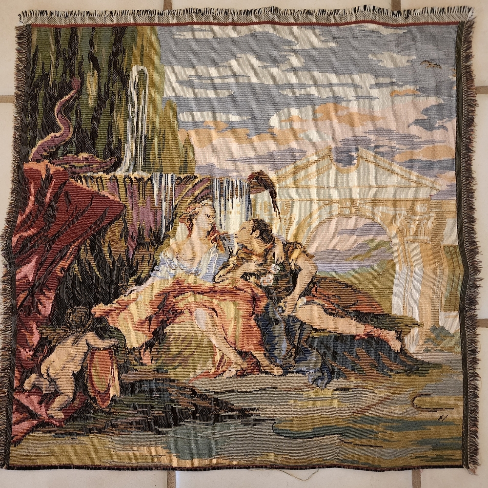 Old French Toille Tapestry of Lovers with Cherub